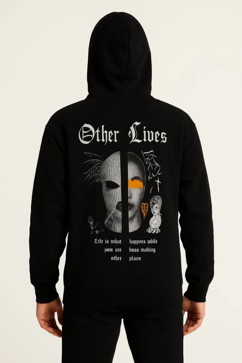 Kapşonlu Sweatshirt “Other Lives” Ön  Arka Baskılı - Siyah -