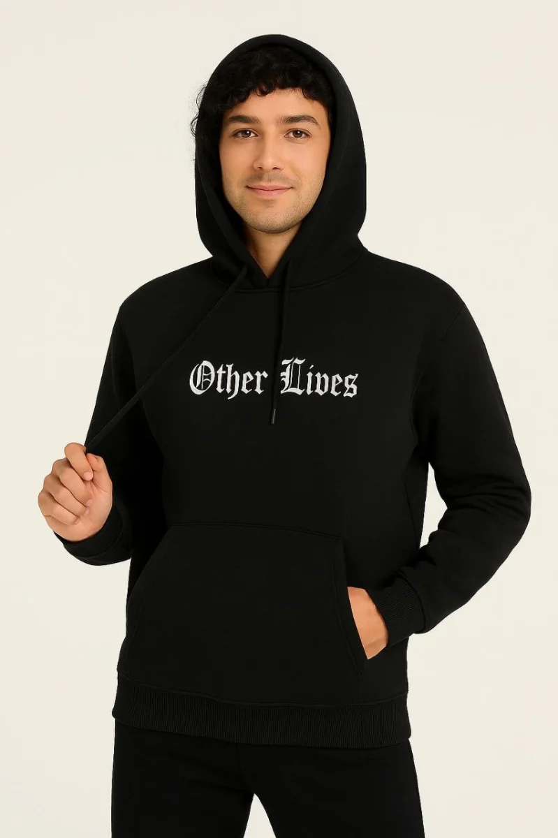 Kapşonlu Sweatshirt “Other Lives” Ön  Arka Baskılı - Siyah -