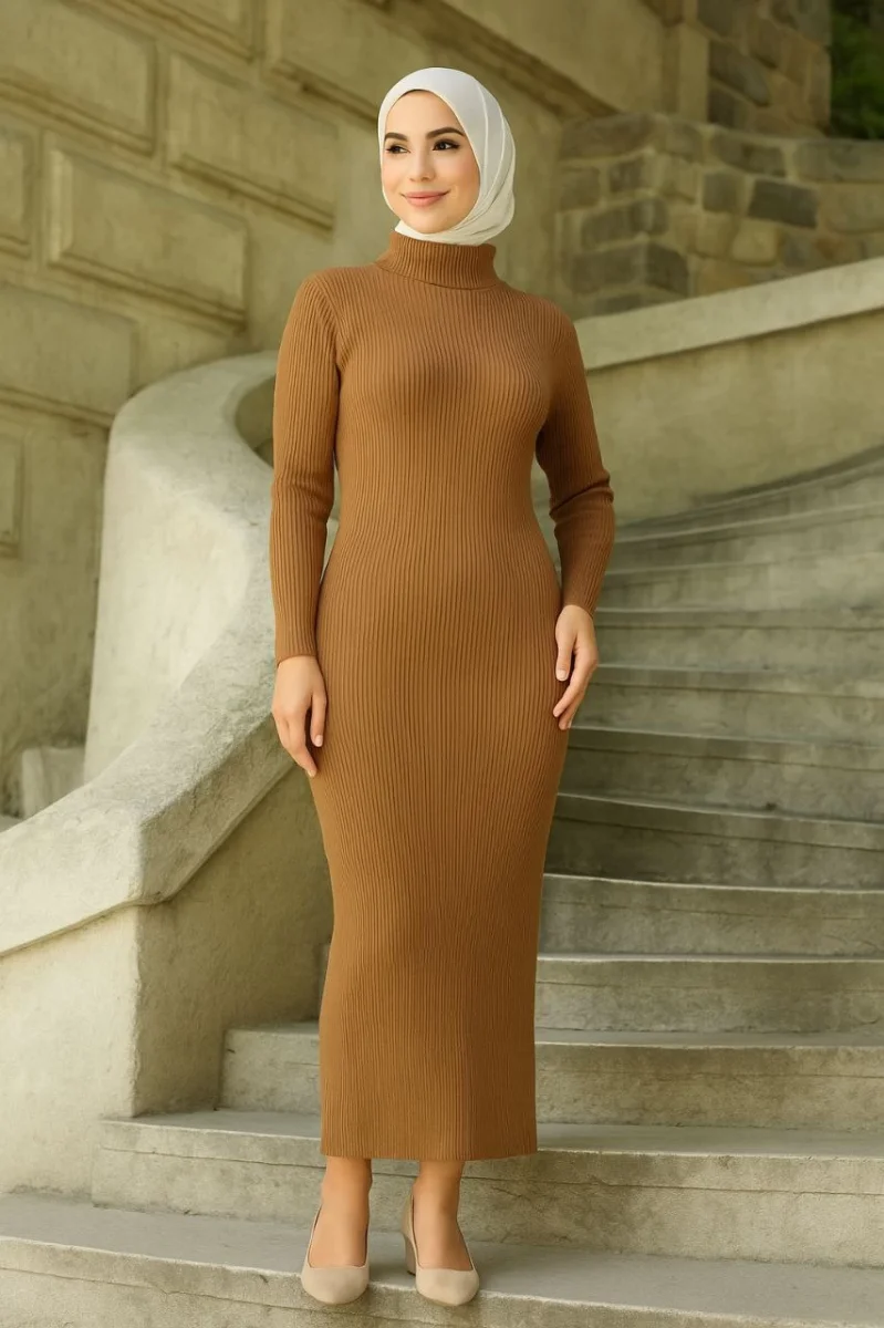 Tesettür Triko Elbise  Kahverengi -