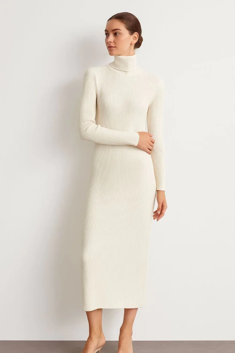 Boğazlı Triko Elbise - Beyaz -