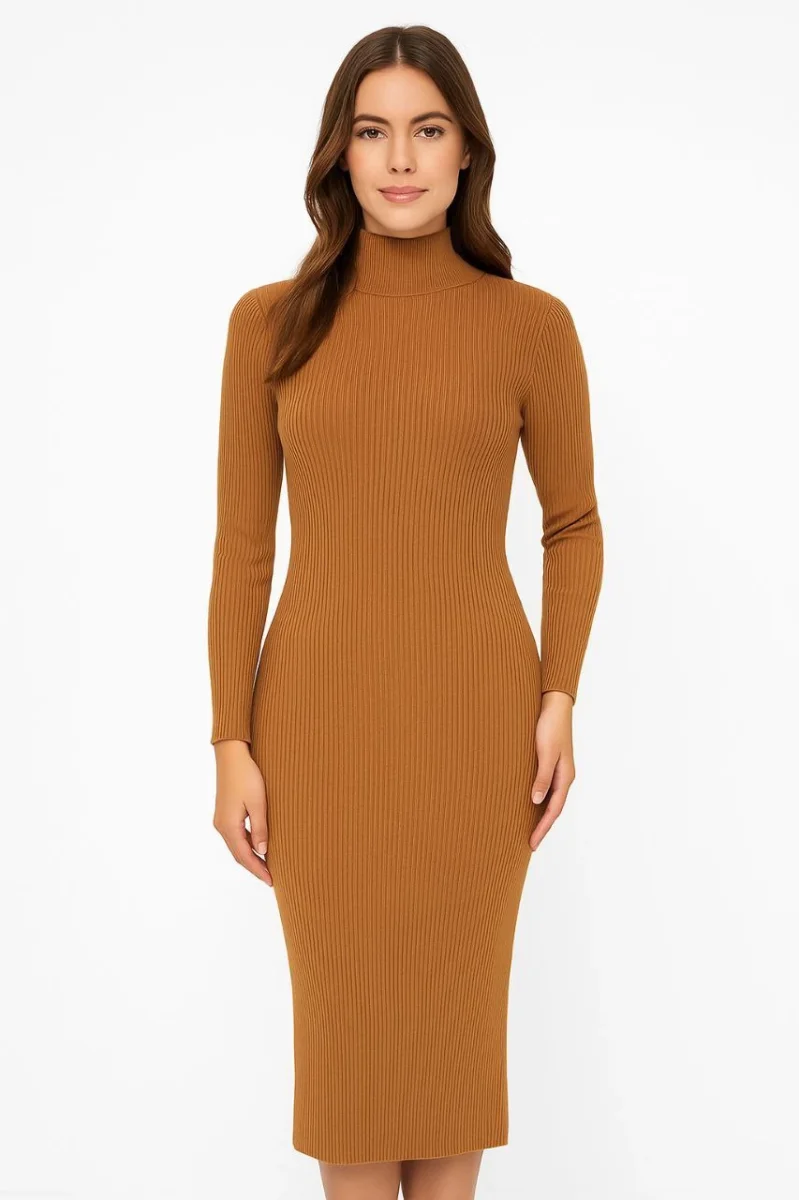 Boğazlı Triko Elbise - Kahverengi -