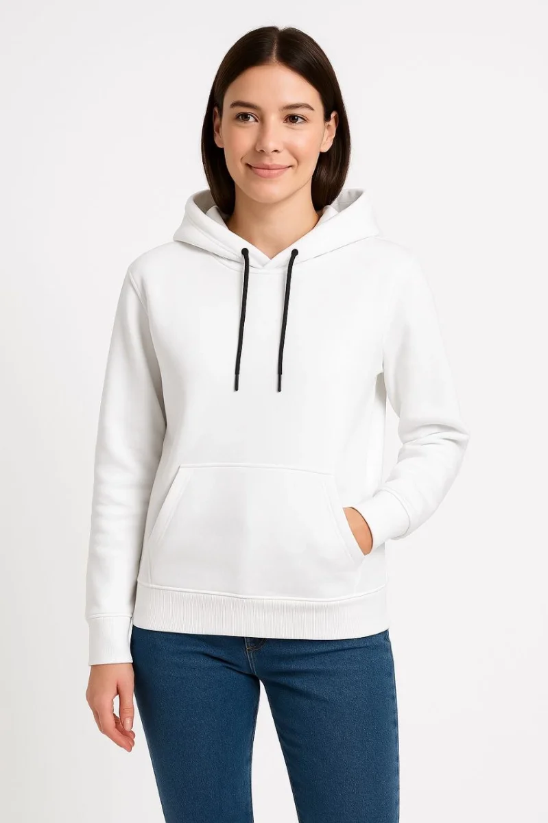 Üç İplik Kapüşonlu Kanguru Cepli SweatShirt hoodie - Beyaz -