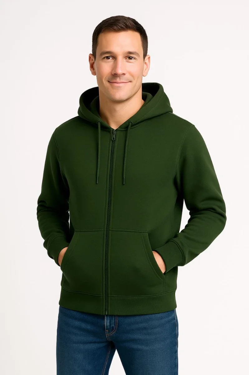 Üç İplik Kapüşonlu Tam Fermuarlı Kanguru Cepli Sweatshirt Hoodie - Haki -