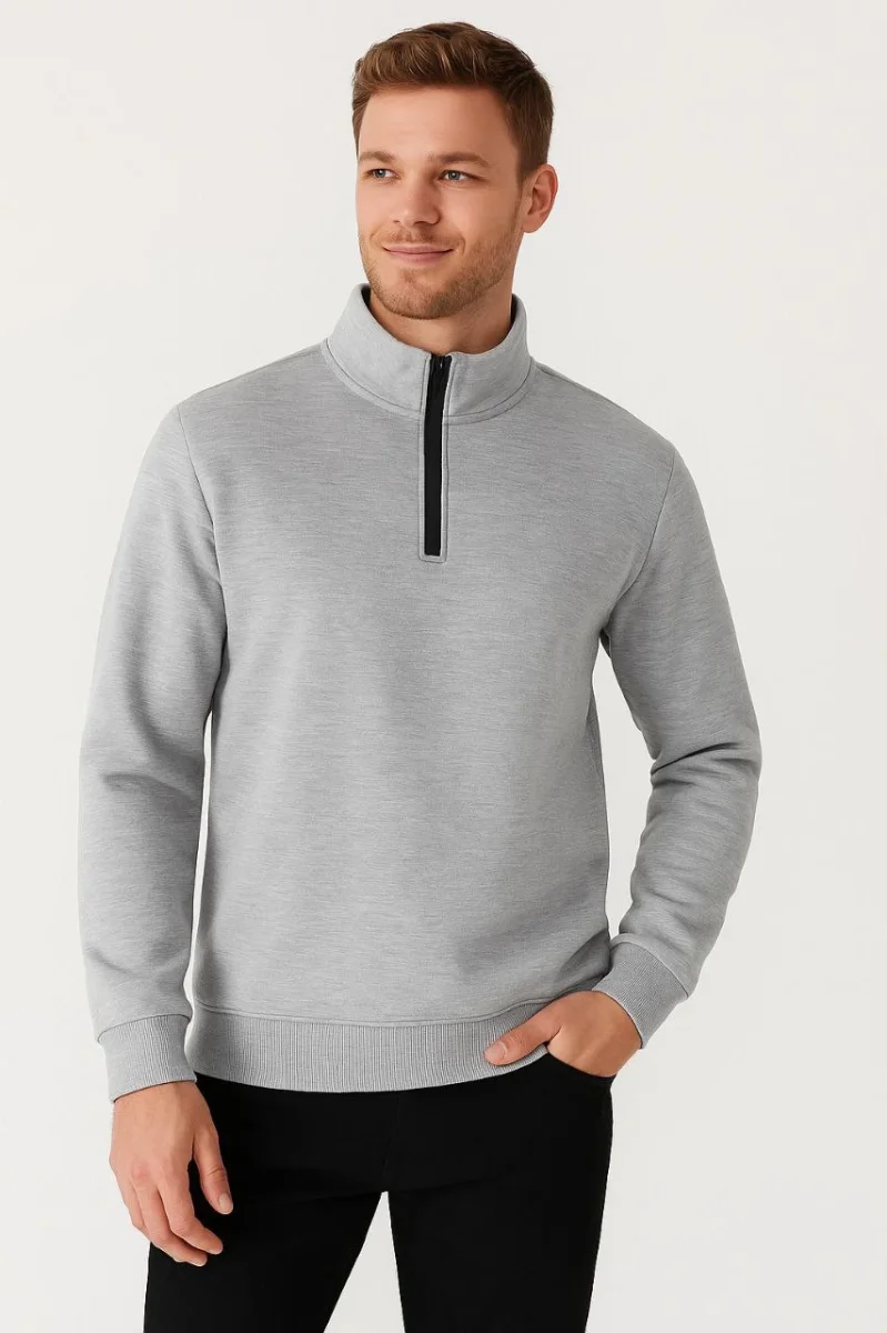 Dik Yaka Sweatshirt Dik Yaka Yarım Fermuarlı 3 İplik Şardonlu Pamuk Kumaş - Gri -