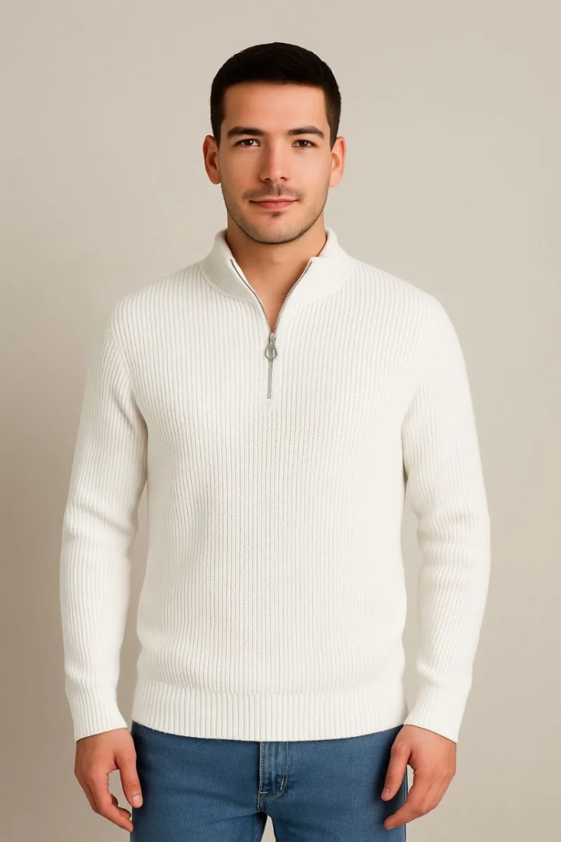 Yarım Fermuarlı Triko Kazak Beyaz -