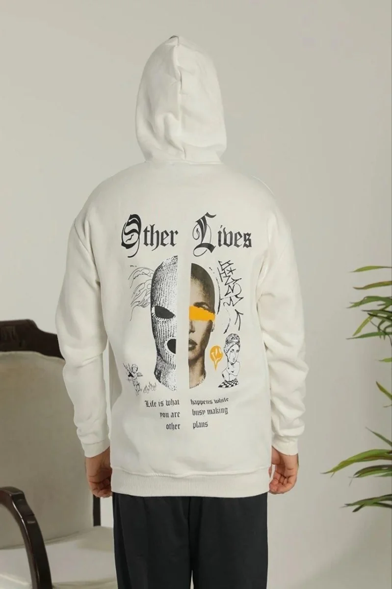 Oversize Kapüşonlu Sweatshirt – Beyaz “Other Lives” Ön ve Arka Baskılı Beyaz -