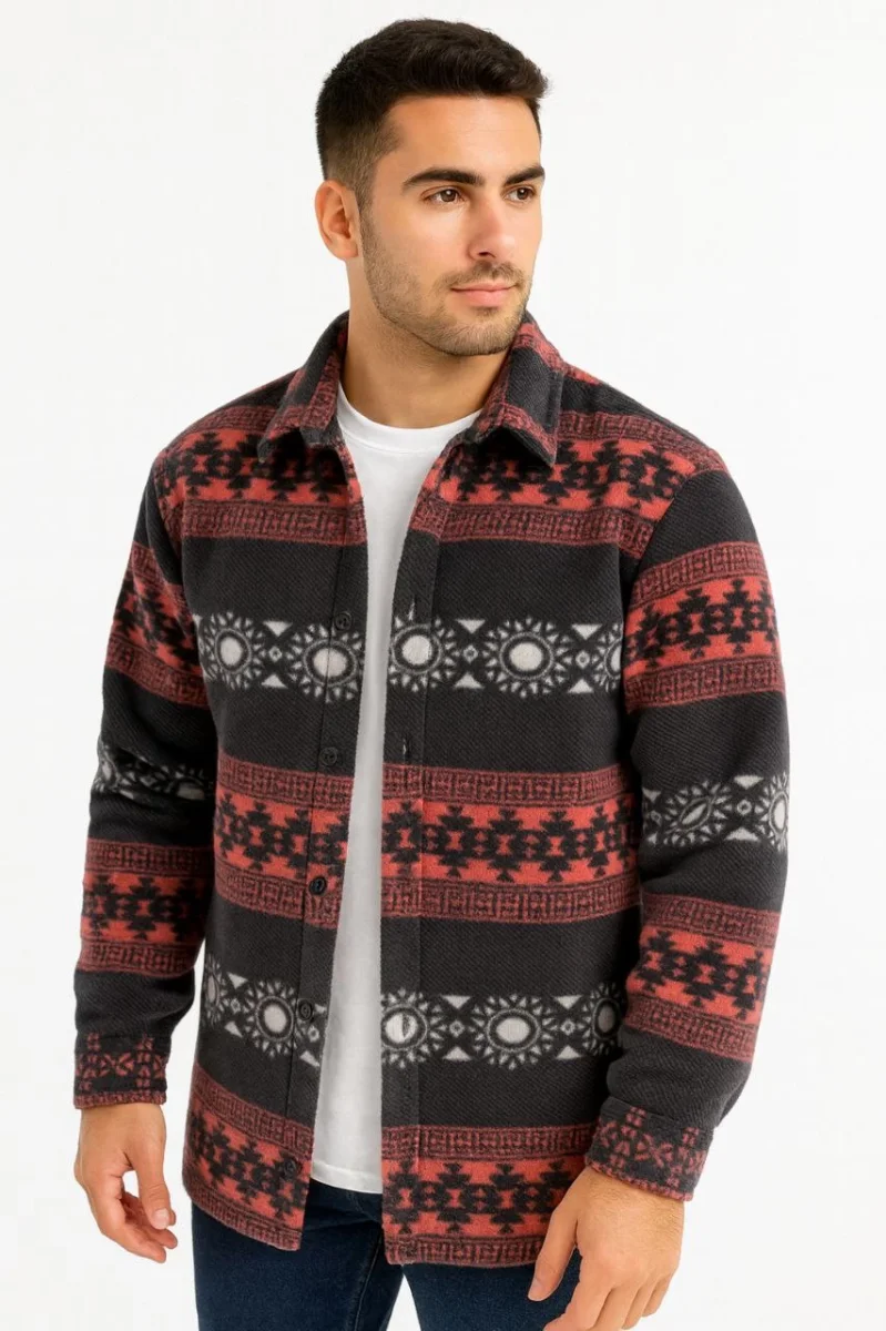Desenli Polar Gömlek – Etnik Şerit Desen Yakalı, Uzun Kollu, Düğmeli, Oversize Rahat Kalıp - Füme -