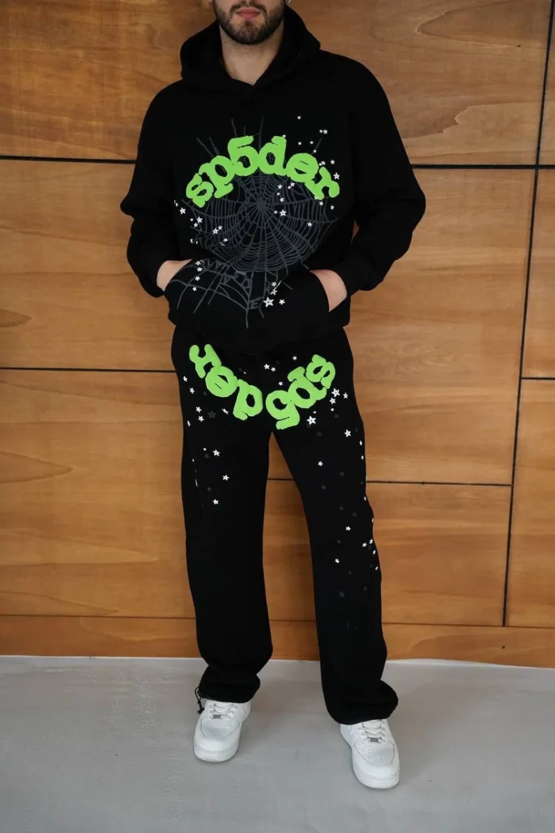 Kapüşonlu Eşofman Takım Örümcek Ağı ve Neon Yeşil Baskılı Kanguru cepli Oversize Rahat Kalıp, Premium Üç İplik Kumaş - Siyah -