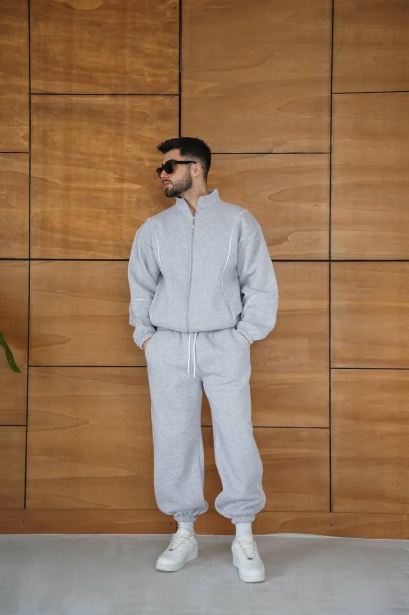Premium Parçalı Eşofman Takım - Dik Yaka Fermuarlı Biyeli Sweatshirt Lastik Paça Alt, Oversize 3 iplik Şardonlu - Gri -