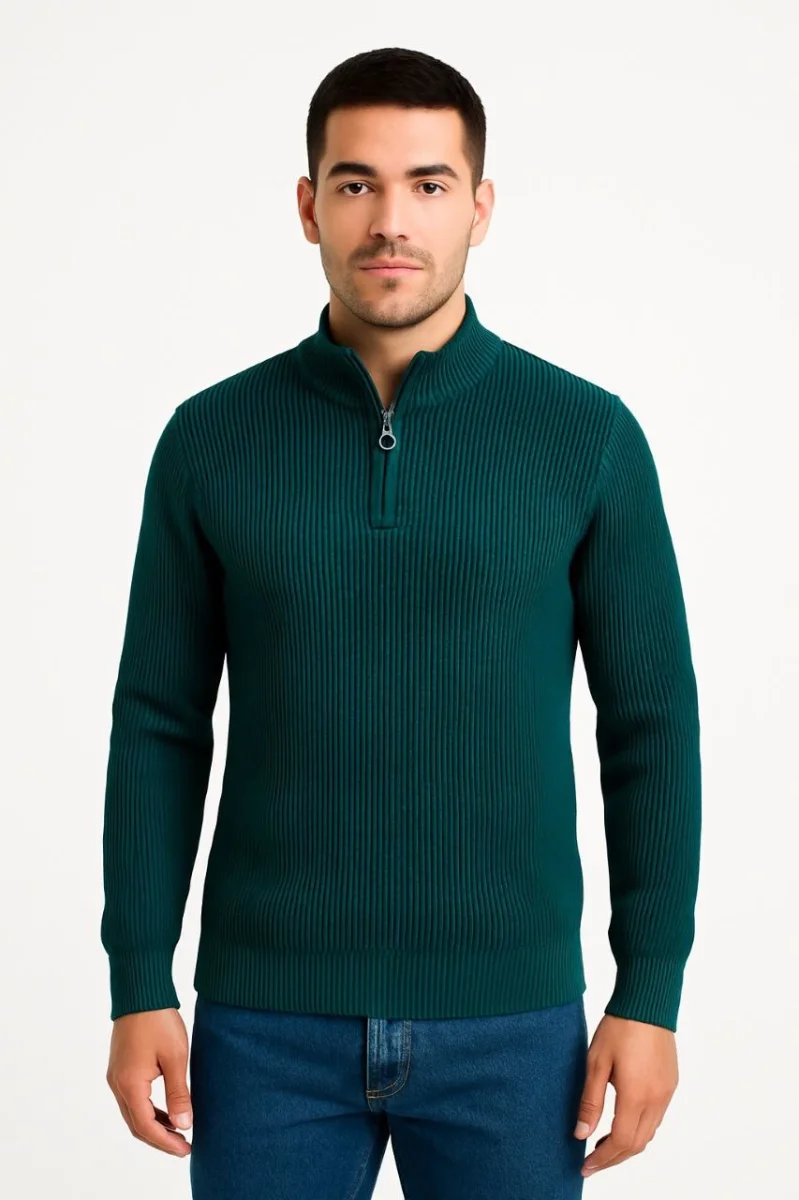 Yarım Fermuarlı Triko Kazak – Selanik Örgü, Dik Yaka, Pamuklu Dokuma, Regular Fit Uzun Kollu Kışlık Model - Haki -