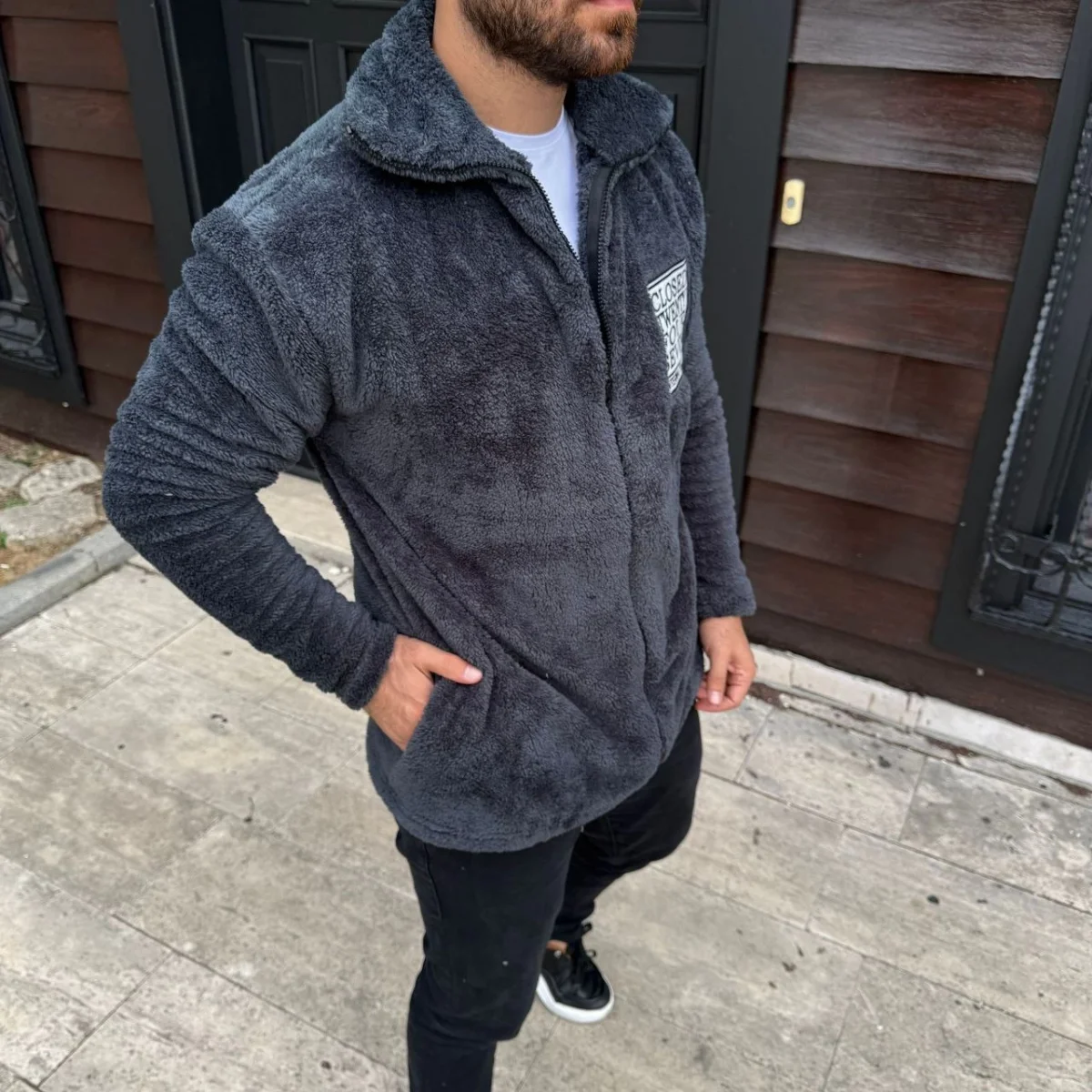 Polar Fermuarlı Sweatshirt – Kapüşonsuz, Cepli, Yumuşak Dokulu, Oversize Rahat Kalıp, Kışlık Sıcak Tutan Fermuarlı Üst - Füme