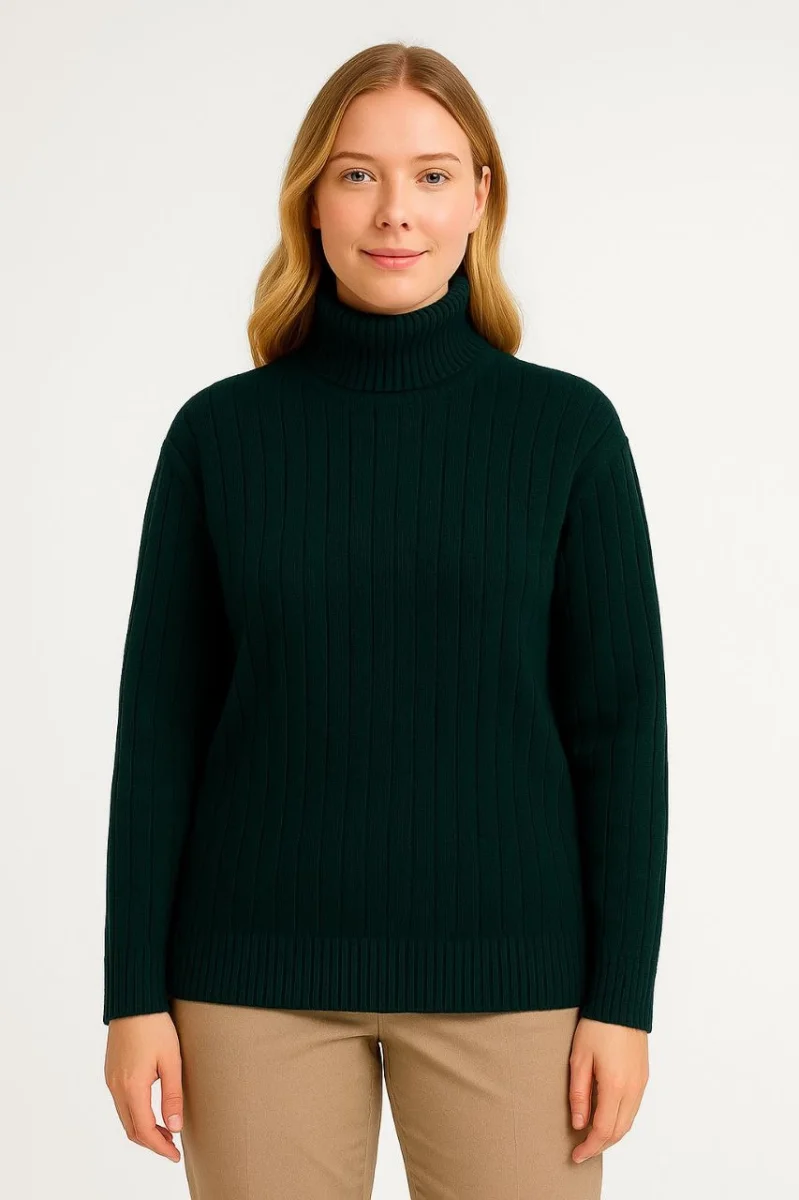 Balıkcı Yaka Bağazlı Triko Kazak Pamuklu Kalın Fitilli Dokuma - Haki