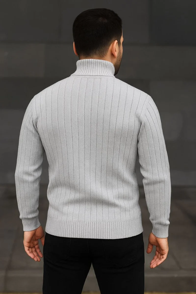 Balıkcı Yaka Bağazlı Triko Kazak Pamuklu Kalın Fitilli Dokuma, - Gri