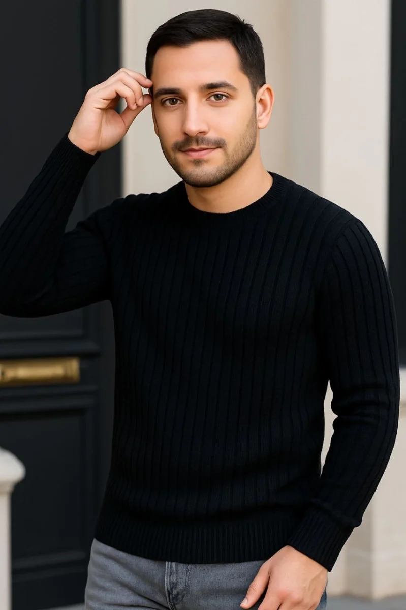 Bisiklet Yuvarlak Yaka Triko Kazak Pamuklu Kalın Fitilli Dokuma, Regular Fit Uzun Kollu Kışlık Model - Siyah