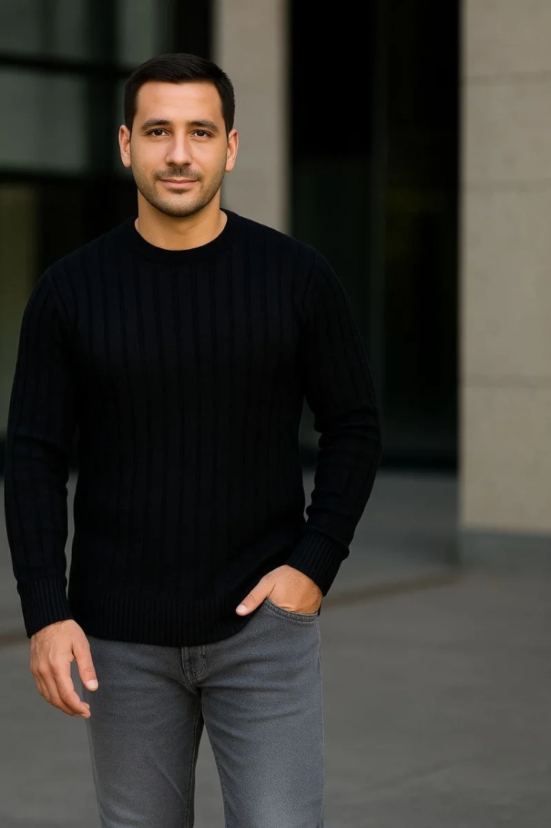 Bisiklet Yuvarlak Yaka Triko Kazak Pamuklu Kalın Fitilli Dokuma, Regular Fit Uzun Kollu Kışlık Model - Siyah