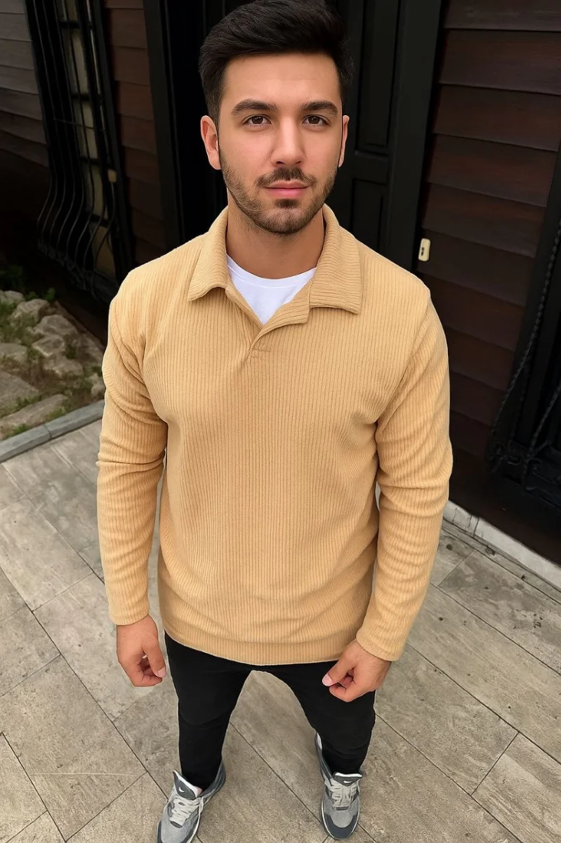 Fitilli Polar Sweatshirt – Düğmesiz Polo Yaka, Oversize Rahat Kalıp, Kalın Polar Kumaş, Kışlık ve Baharlık Şık Günlük Üst - Bej