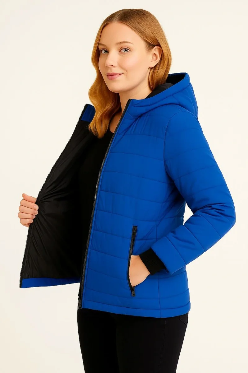 Şişme Kapüşonlu Fermuarlı Mont Su itici Kapitone Astarlı Kumaş Cepli Kışlık Rahat Kalıp  - Saks Mavisi