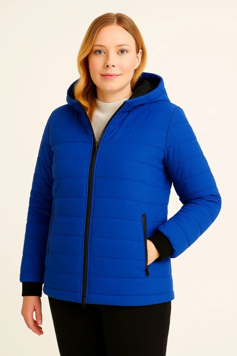 Şişme Kapüşonlu Fermuarlı Mont Su itici Kapitone Astarlı Kumaş Cepli Kışlık Rahat Kalıp  - Saks Mavisi