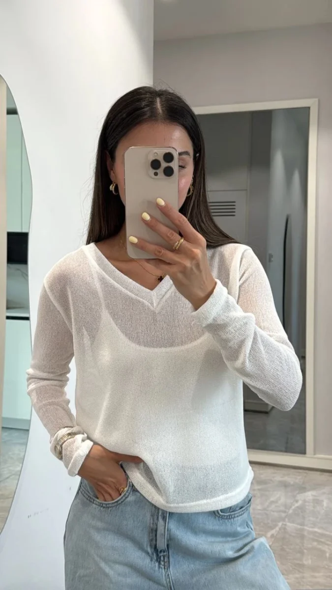 V Yaka uzun Kollu Triko ince Bluz - Beyaz