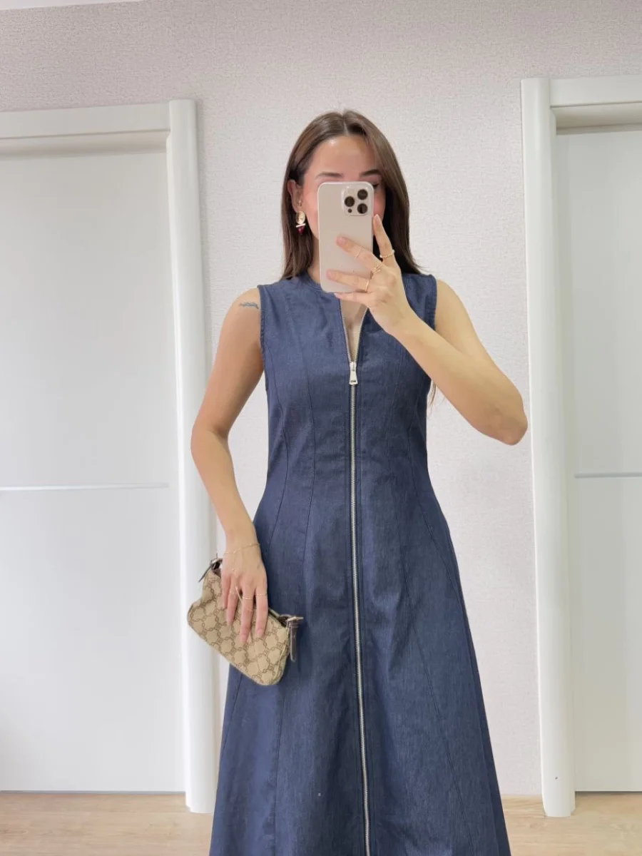Jeans Kot Önü Tam Fermuarlı   Uzun Elbise - Mavi