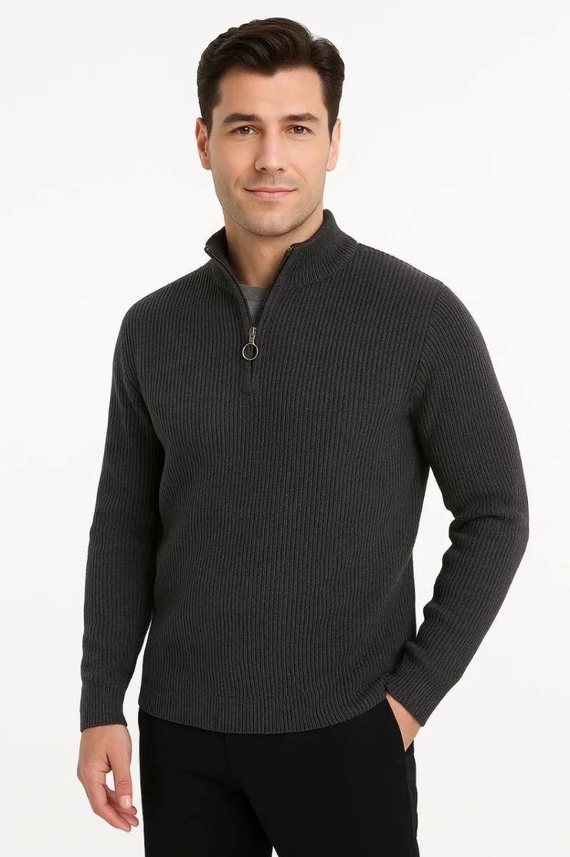 Yarım Fermuarlı Triko Kazak – Selanik Örgü, Dik Yaka, Pamuklu Dokuma, Regular Fit Uzun Kollu Kışlık Model - Füme