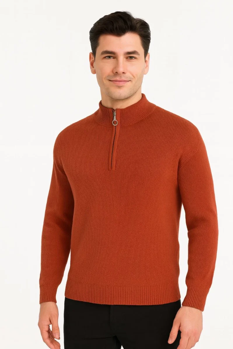 Yarım Fermuarlı Triko Kazak – Selanik Örgü, Dik Yaka, Pamuklu Dokuma, Oversize Uzun Kollu Kışlık Model - Füme