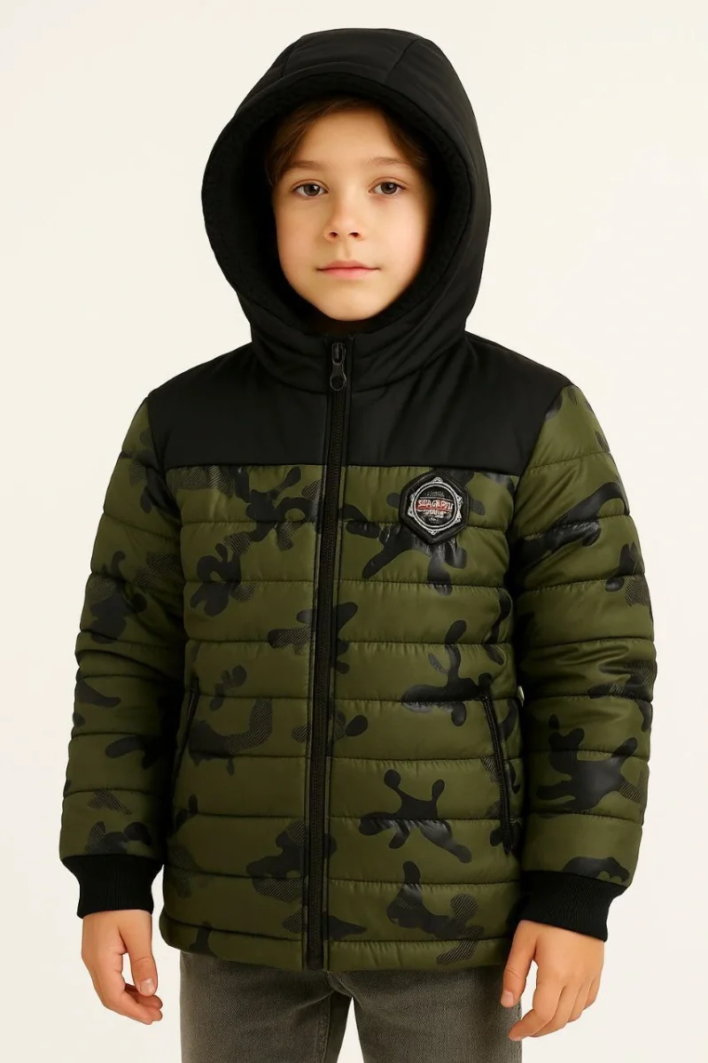 Kamuflaj Desenli Mont İçi Sıcak Tutan Pelüş Astarlı, Kapüşonlu, Fermuarlı Kışlık Su İtici Şişme Mont - Haki