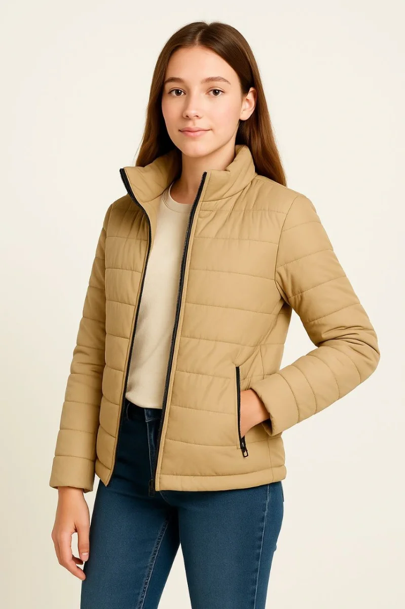 Şişme Mont Hafif ve Sıcak Tutucu Kışlık Fermuarlı Su İtici Rahat Günlük Mont Kapüşonuz Modern Tasarım - Bej