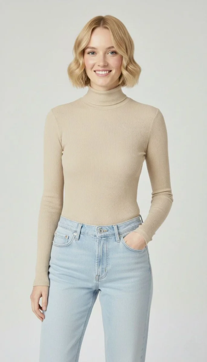 Tam Boğazlı Fitilli Likrali Kaşkorse Badi İnce Uzun Kollu Kazak - Bej