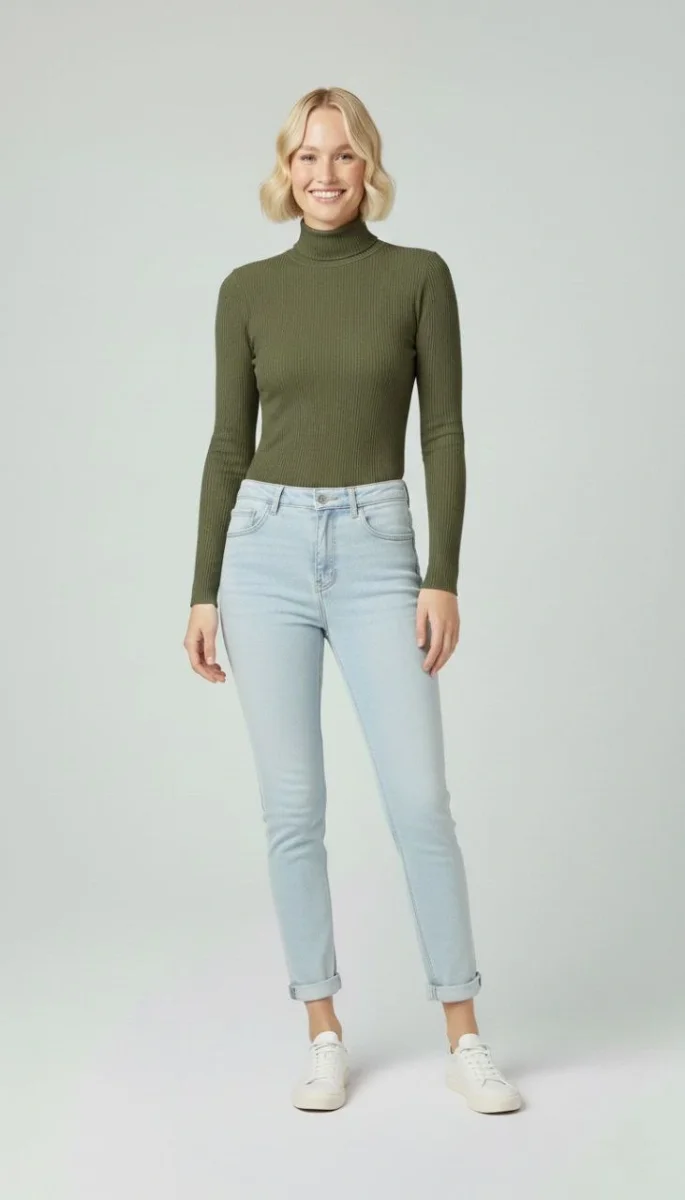 Tam Boğazlı Fitilli Likrali Kaşkorse Badi İnce Uzun Kollu Rahat Kazak - Haki