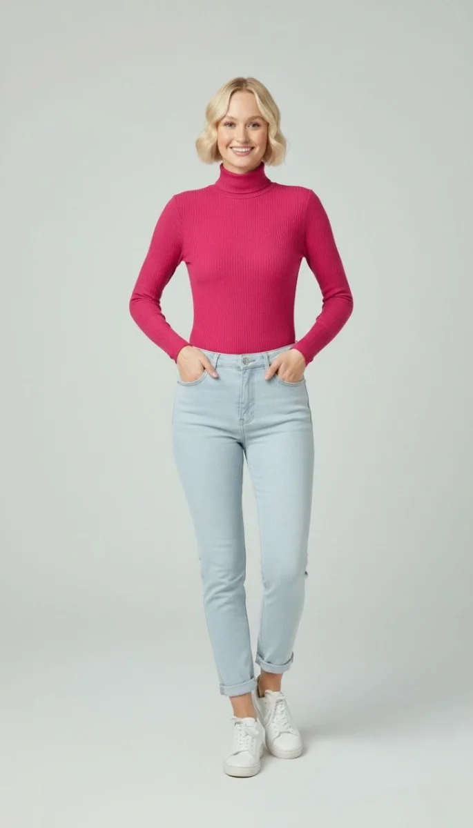 Tam Boğazlı Fitilli Likrali Kaşkorse Badi İnce Uzun Kollu Kazak - Pembe