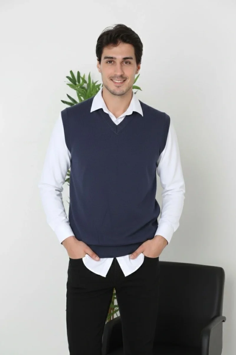 V Yaka Kolsuz Süveter Triko Kazak yumuşak dokulu Pamuklu ince Dokuma Rahat Regular kalıp - Lacivert