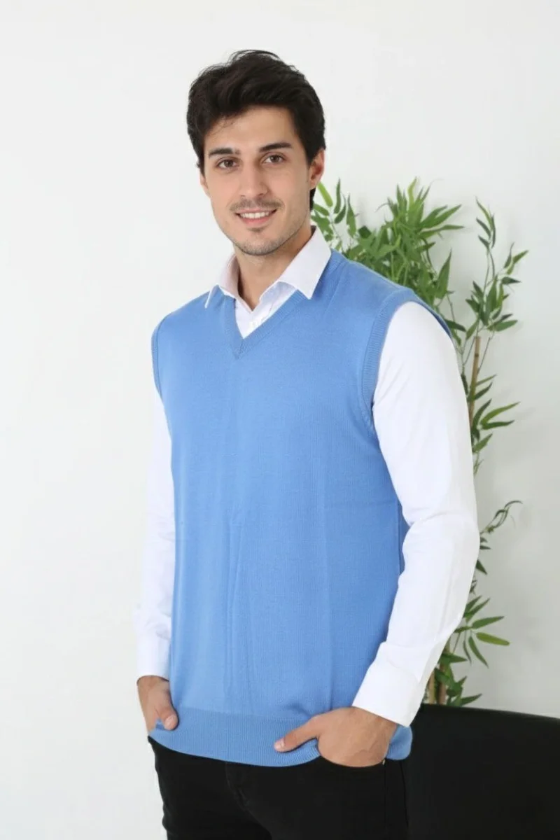 V Yaka Kolsuz Süveter Triko Kazak yumuşak dokulu Pamuklu ince Dokuma Rahat Regular kalıp - Mavi