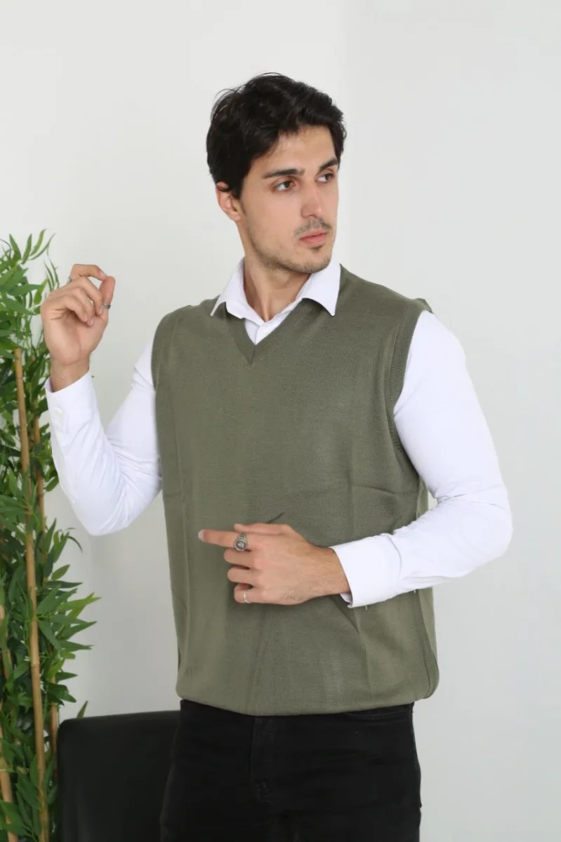 V Yaka Kolsuz Süveter Triko Kazak yumuşak dokulu Pamuklu ince Dokuma Rahat Regular kalıp - Haki