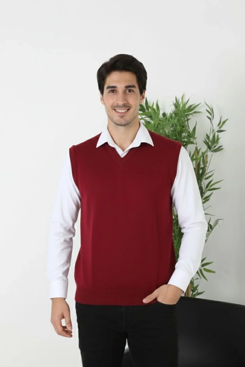 V Yaka Kolsuz Süveter Triko Kazak yumuşak dokulu Pamuklu ince Dokuma Rahat Regular kalıp - Bordo