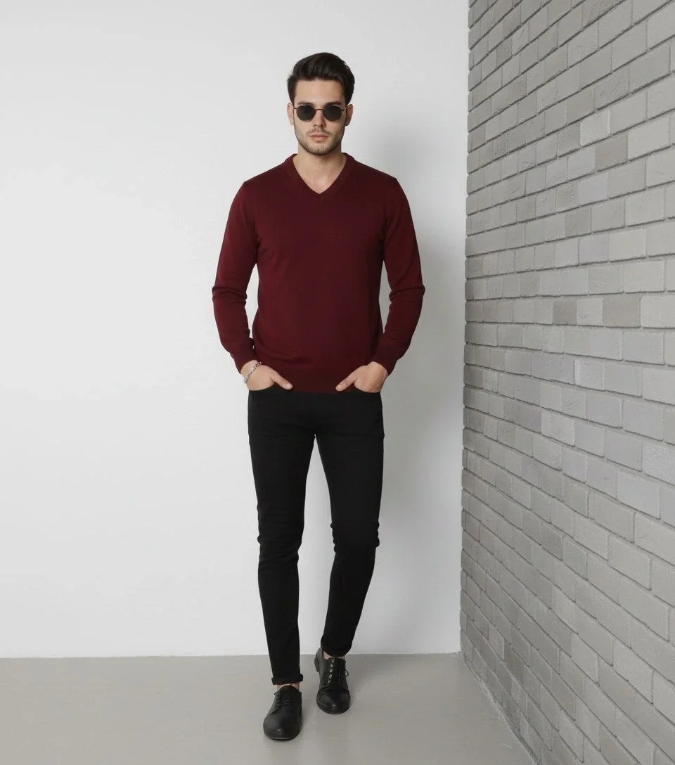 V Yaka Triko Kazak yumuşak dokulu Pamuklu ince Dokuma, uzun kollu Rahat Regular kalıp - Bordo