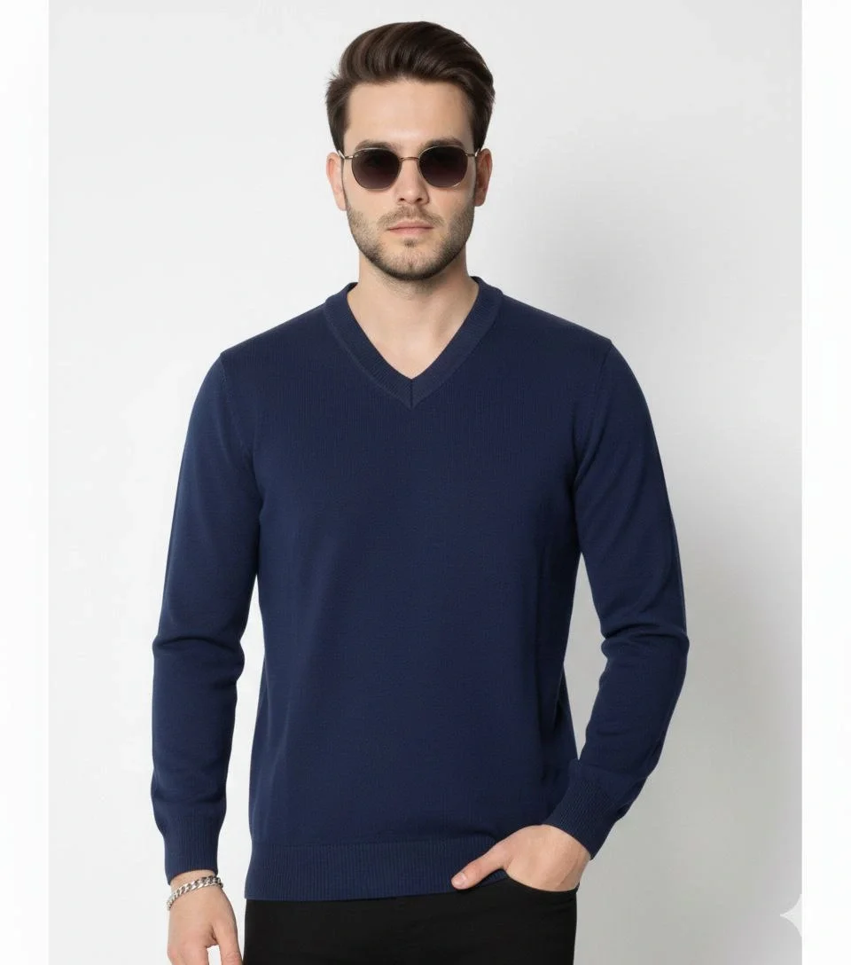 V Yaka Triko Kazak yumuşak dokulu Pamuklu ince Dokuma, uzun kollu Rahat Regular kalıp - Lacivert