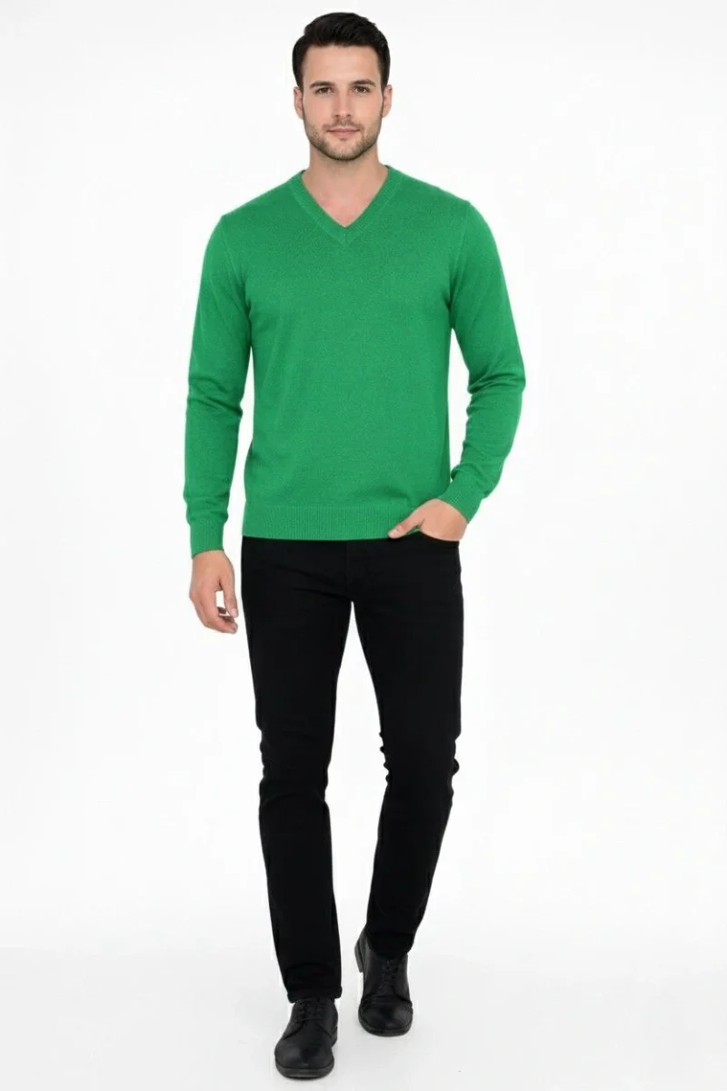 V Yaka Triko Kazak yumuşak dokulu Pamuklu ince Dokuma, uzun kollu Rahat Regular kalıp - Çimen Yeşili