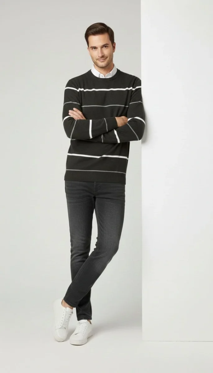 Bisiklet Yaka Cizgili Triko Kazak yumuşak dokulu Pamuklu ince Dokuma, uzun kollu Rahat Regular kalıp - Füme