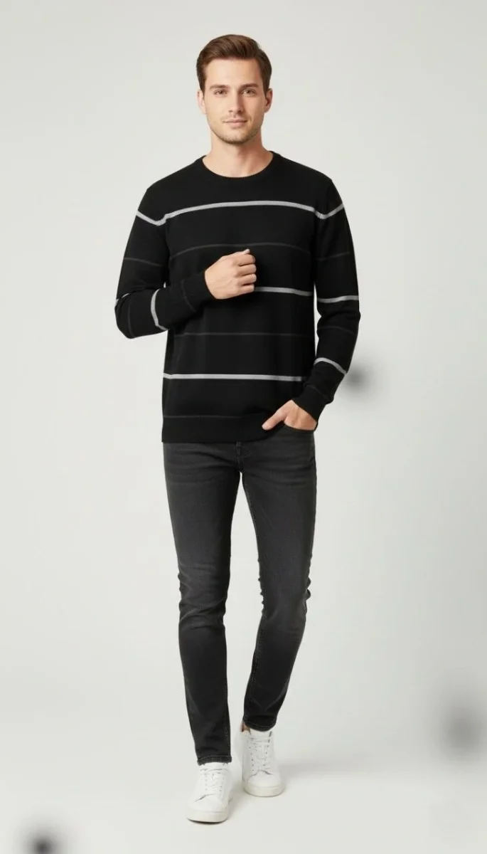 Bisiklet Yaka Cizgili Triko Kazak yumuşak dokulu Pamuklu ince Dokuma, uzun kollu Rahat Regular kalıp - Siyah