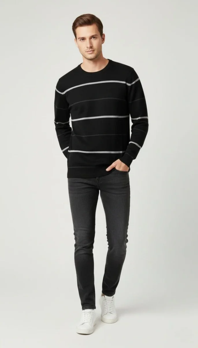 Bisiklet Yaka Cizgili Triko Kazak yumuşak dokulu Pamuklu ince Dokuma, uzun kollu Rahat Regular kalıp - Siyah