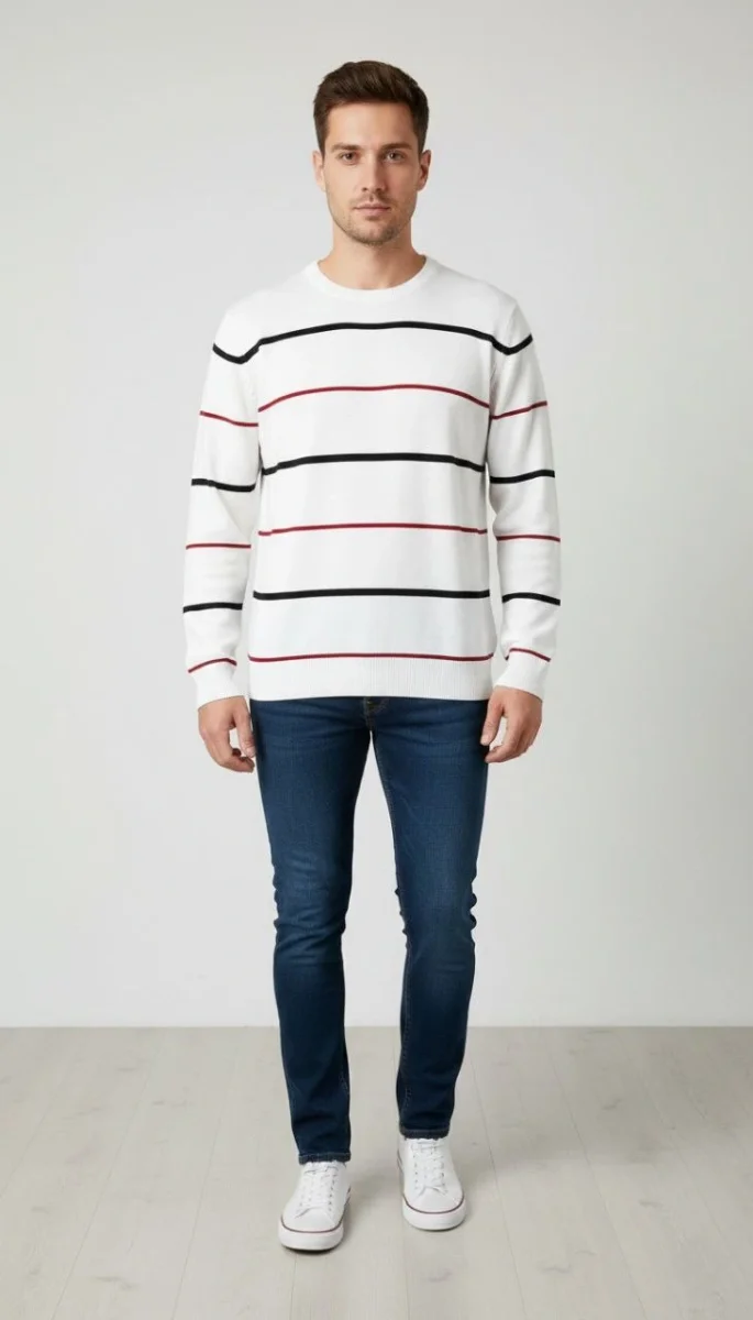 Bisiklet Yaka Cizgili Triko Kazak yumuşak dokulu Pamuklu ince Dokuma, uzun kollu Rahat Regular kalıp - Beyaz