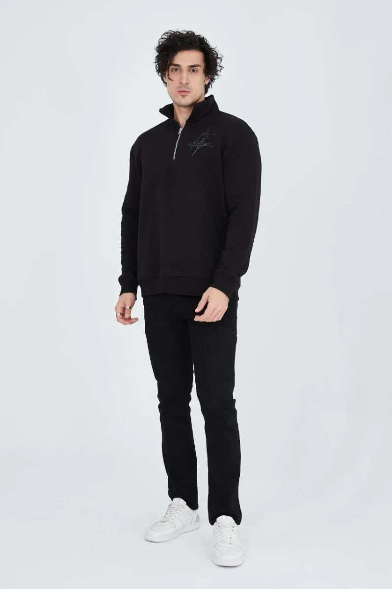 Yarım Fermuarlı Baskılı Sweat - Siyah