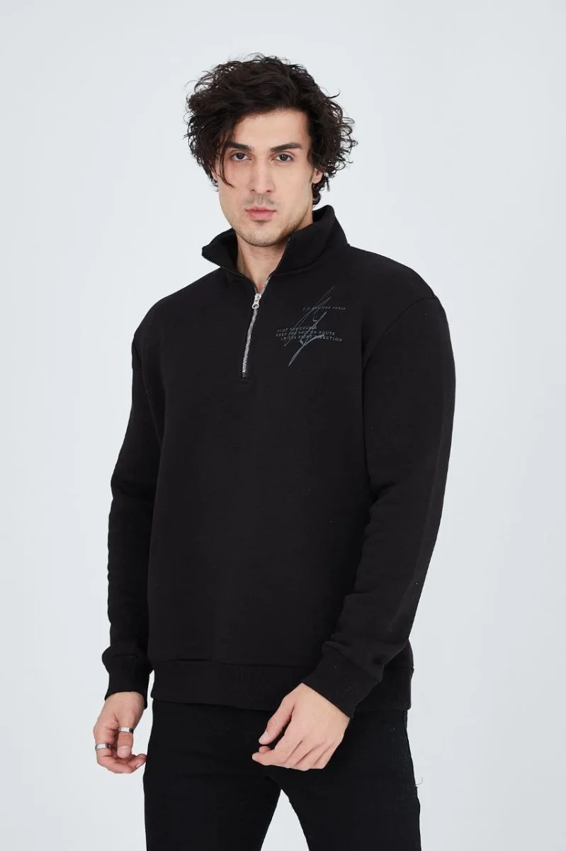 Yarım Fermuarlı Baskılı Sweat - Siyah