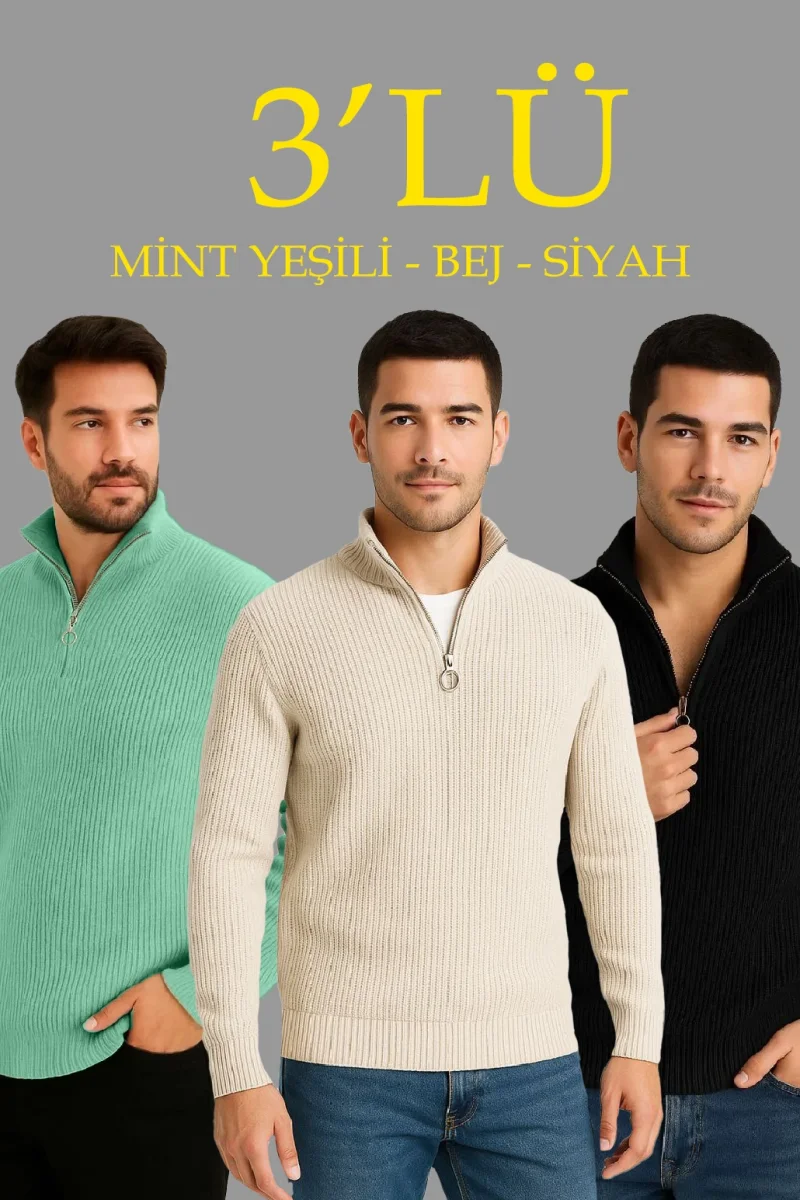 Fitilli Triko Kazak 3’lü Set – Mint Yeşili, Siyah, Bej