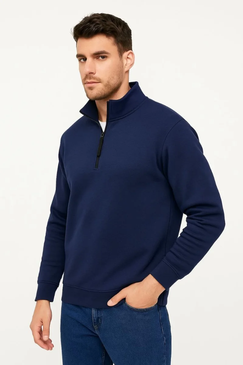 Dik Yaka Sweatshirt Dik Yaka Yarım Fermuarlı 3 İplik Şardonlu Pamuk Kumaş - Lacivert