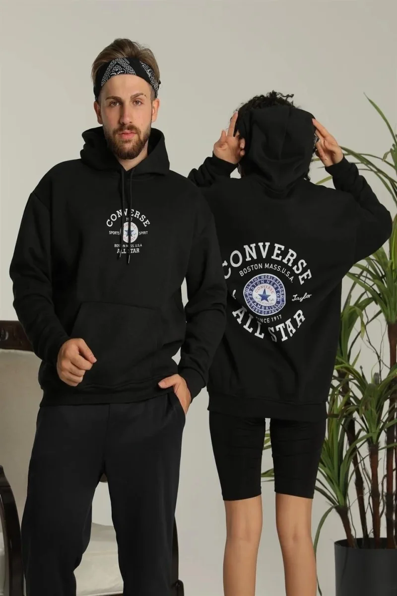Sırt Baskılı Oversize Üç İplik Kapüşonlu Hoodie Sweatshirt - Siyah