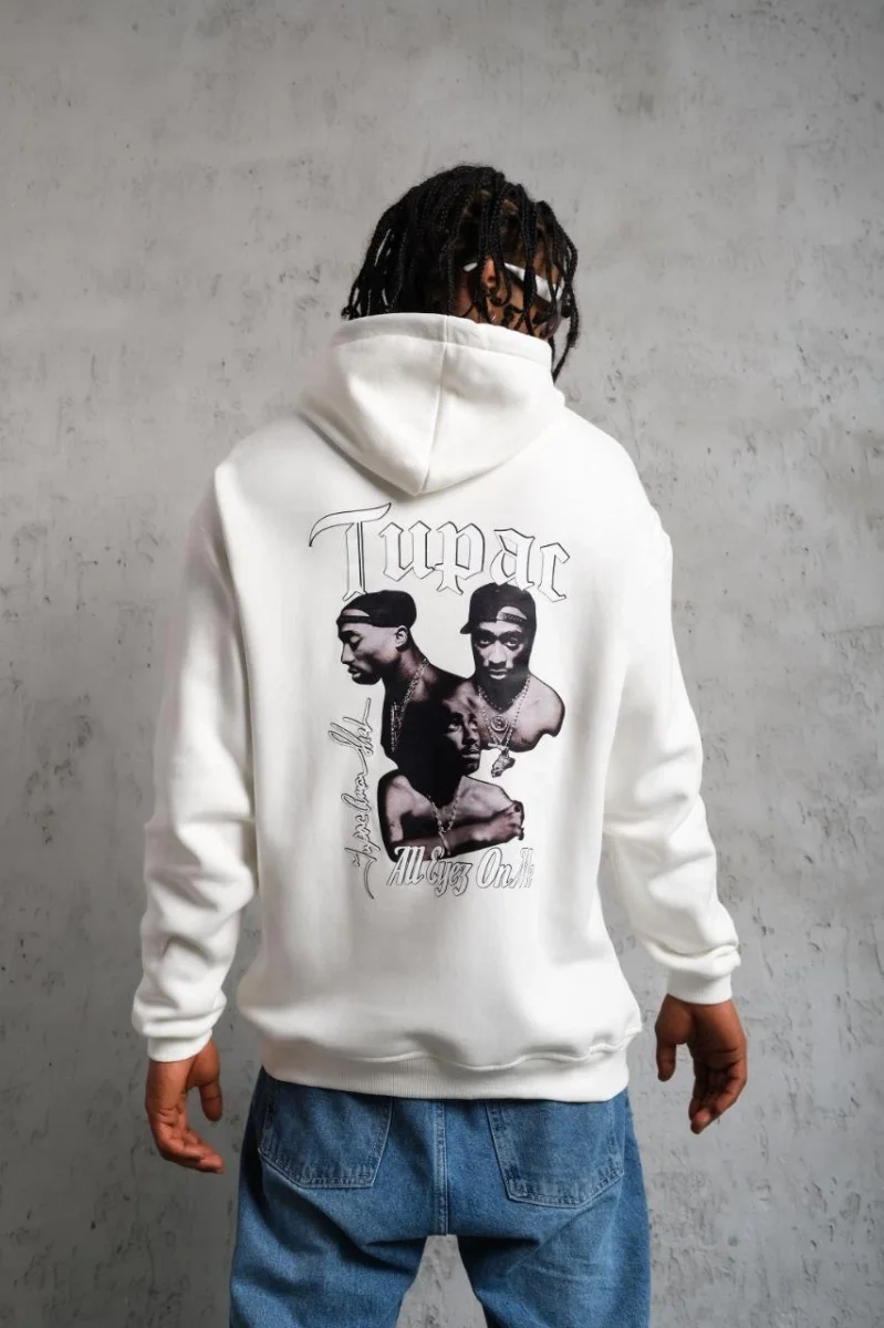 Kol ve Etek Ribana Baskılı Kapüşonlu Sweat - Beyaz