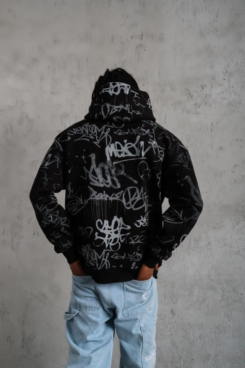 Baskılı Kapüşonlu Ribanalı Sweat - Siyah