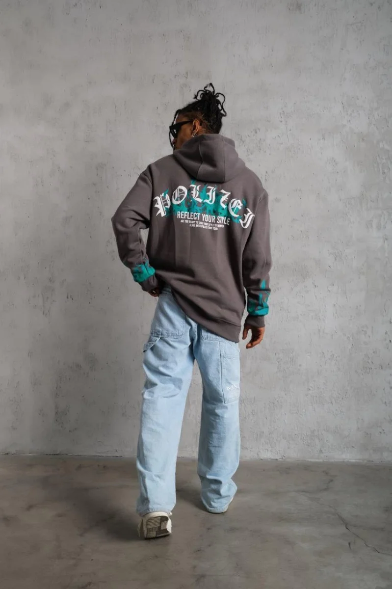 Üç İplik İçi Pamuklu Alev Baskılı Kapüşonlu Sweatshirt - Gri